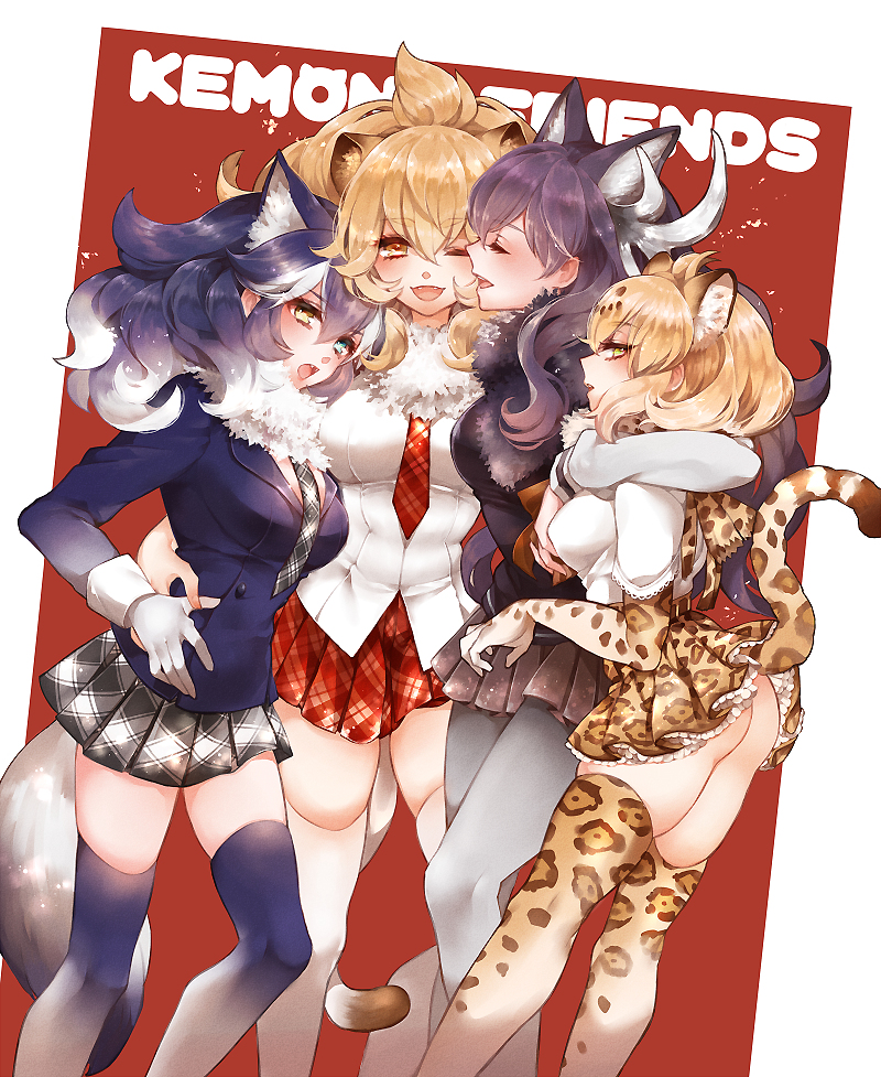 4girls ;d animal_ears antlers ass black_hair blonde_hair blue_eyes chino_machiko closed_eyes commentary copyright_name elbow_gloves extra_ears eyebrows_visible_through_hair fangs fur_collar girl_sandwich gloves gradient_legwear grey_wolf_(kemono_friends) hair_between_eyes hand_around_neck hand_on_hip heterochromia hug jaguar_(kemono_friends) jaguar_ears jaguar_print jaguar_tail kemono_friends lion_(kemono_friends) lion_ears lion_tail long_hair moose_(kemono_friends) moose_ears moose_tail multicolored_hair multiple_girls necktie one_eye_closed open_mouth pantyhose plaid plaid_skirt pleated_skirt print_gloves print_legwear red_background sandwiched short_hair simple_background skirt smile tail thigh-highs white_hair wolf_ears wolf_tail yellow_eyes zettai_ryouiki