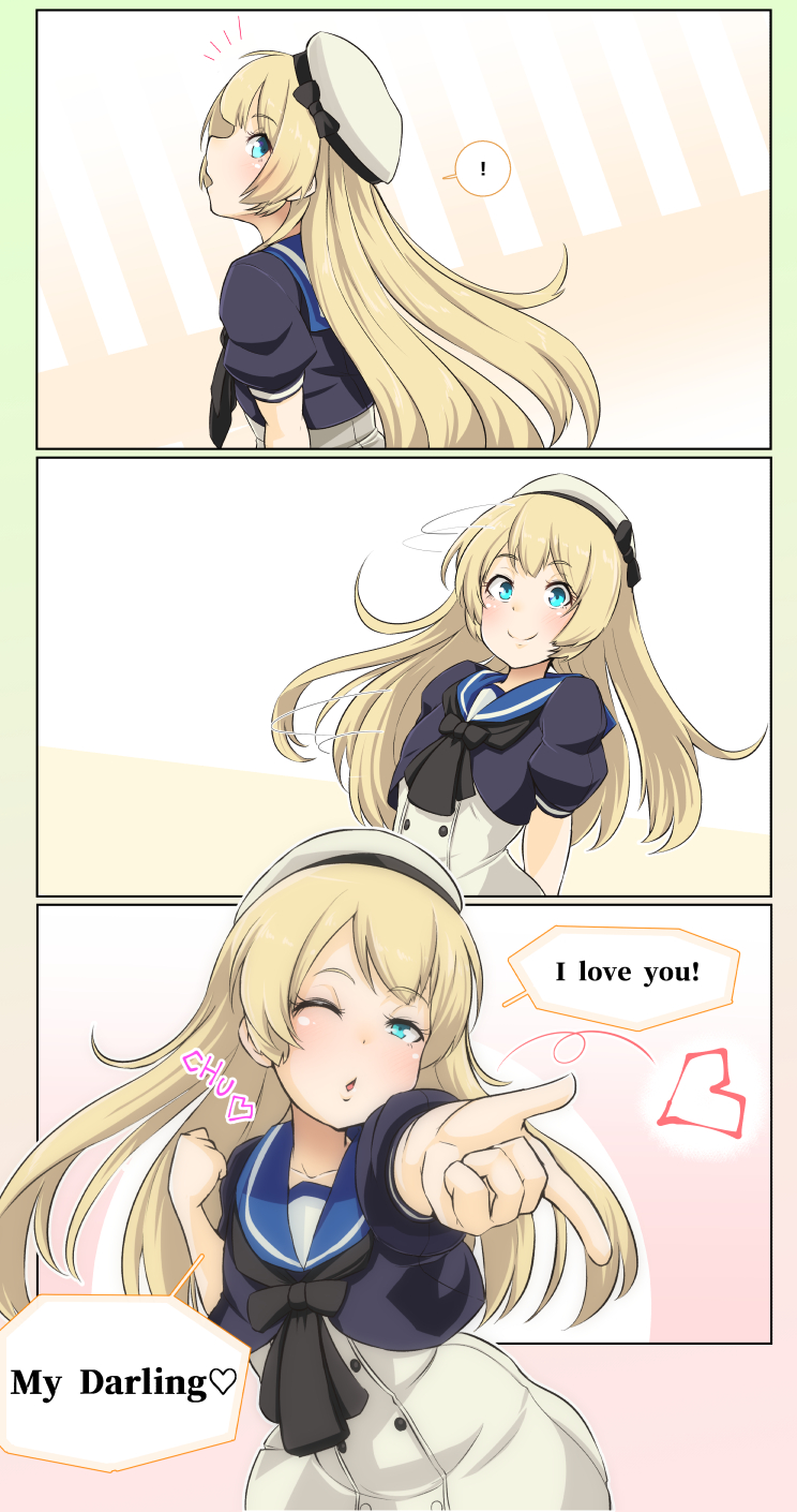 ! 1girl ;o bangs blonde_hair blue_eyes blue_sailor_collar blush collarbone comic commentary_request dress english eyebrows_visible_through_hair hat heart highres jervis_(kantai_collection) kantai_collection long_hair looking_at_viewer looking_back one_eye_closed open_mouth parted_lips puffy_short_sleeves puffy_sleeves ryuun_(stiil) sailor_collar sailor_dress sailor_hat short_sleeves smile solo spoken_exclamation_mark white_dress white_hat