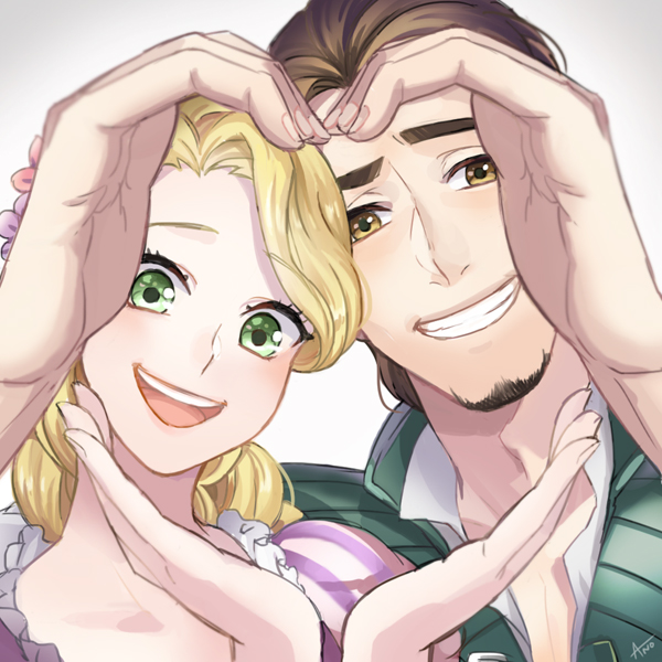 1boy 1girl :d ano_(sbee) artist_name beard blonde_hair braid brown_eyes brown_hair close-up couple disney dress eyebrows_visible_through_hair eyelashes face facial_hair fingernails flower flynn_rider green_eyes grey_background hair_flower hair_ornament hands happy heart heart_hands hetero long_hair looking_at_viewer open_mouth purple_dress rapunzel_(disney) shirt short_hair simple_background smile tangled waistcoat white_shirt