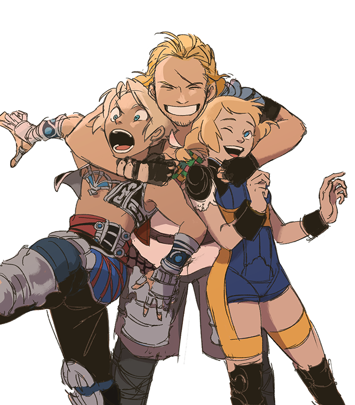 1girl 2boys ^_^ armor arms_around_neck basch_fon_ronsenburg blonde_hair blue_eyes closed_eyes facial_hair final_fantasy final_fantasy_xii grin hjay hug hug_from_behind low_twintails multiple_boys penelo scar scar_across_eye smile stubble twintails unitard vaan