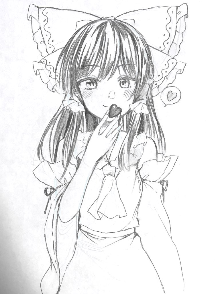 1girl ascot bare_shoulders between_fingers blush bow breasts chocolate chocolate_heart commentary detached_sleeves graphite_(medium) hair_bow hair_tubes hakurei_reimu happy heart large_bow long_hair monochrome sketch skirt skirt_set small_breasts smile solo spoken_heart touhou traditional_media wide_sleeves yururi_nano