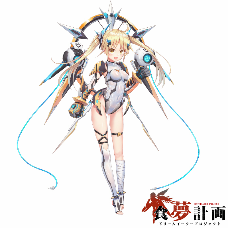 1girl :d asymmetrical_legwear bandage bandaged_leg bangs black_gloves blonde_hair blush breasts copyright_request detached_sleeves eyebrows_visible_through_hair gloves heijialan holding leotard long_sleeves looking_at_viewer official_art open_mouth robot simple_background single_thighhigh smile solo standing stirrup_legwear thigh-highs v-shaped_eyebrows white_background white_legwear white_leotard yellow_eyes