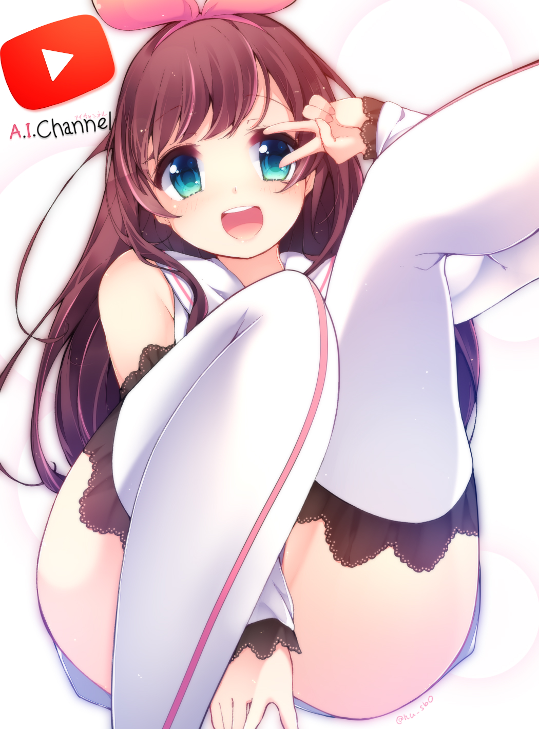 1girl :d a.i._channel arm_warmers bangs bare_shoulders blue_eyes bow brown_hair covering covering_crotch eyebrows_visible_through_hair fuuen_(akagaminanoka) hair_bow hairband highres kizuna_ai leg_lift leg_up long_hair looking_at_viewer multicolored_hair one_leg_raised open_mouth pink_bow pink_hair play_button sailor_collar salute shorts sleeveless smile swept_bangs thigh-highs thighs two-finger_salute two-tone_hair v virtual_youtuber