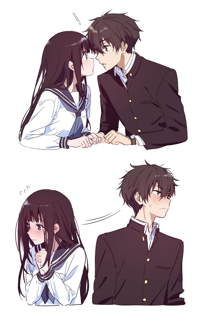 1boy 1girl 2koma bangs black_hair blunt_bangs chitanda_eru comic embarrassed flying_sweatdrops gakuran hetero hyouka imminent_kiss long_hair mery_(apfl0515) messy_hair oreki_houtarou school_uniform serafuku short_hair sweatdrop upper_body