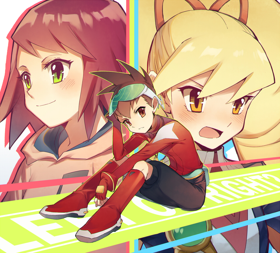 1boy 2girls angry bangs blonde_hair blush boots brown_eyes capcom closed_mouth eyewear_on_head full_body green_eyes hair_ornament hibiki_misora hood hoodie hoshikawa_subaru_(rockman) modela_(baka_x_orange) multiple_girls open_mouth purple_hair rockman ryuusei_no_rockman shirogane_luna shoes sitting smile spiky_hair text