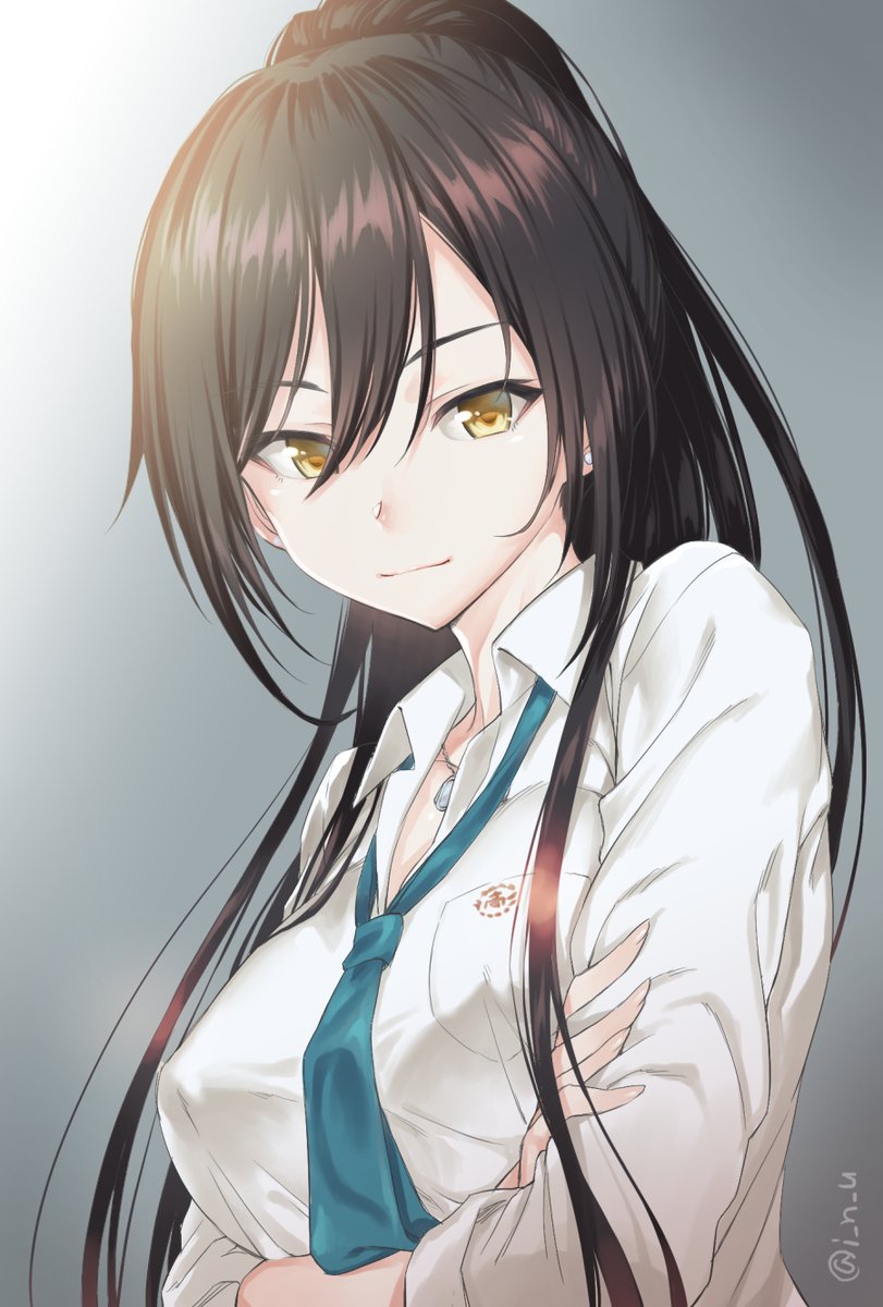 1girl black_hair blush breasts collarbone commentary_request dog_tags eyebrows_visible_through_hair highres idolmaster idolmaster_shiny_colors inu_(aerodog) large_breasts long_hair looking_at_viewer necktie ponytail school_uniform shirase_sakuya solo upper_body yellow_eyes