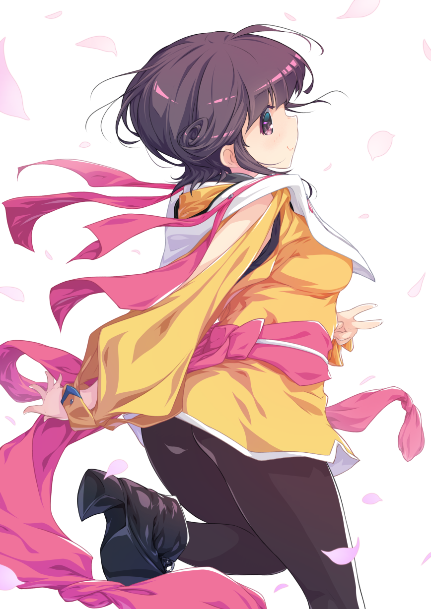 1girl amano_ai ankle_boots ass bangs boots breasts closed_mouth commentary den'ei_shoujo highres japanese_clothes lips long_sleeves looking_at_viewer looking_back medium_breasts one_leg_raised pantyhose petals purple_hair short_hair simple_background smile solo two9one v violet_eyes white_background