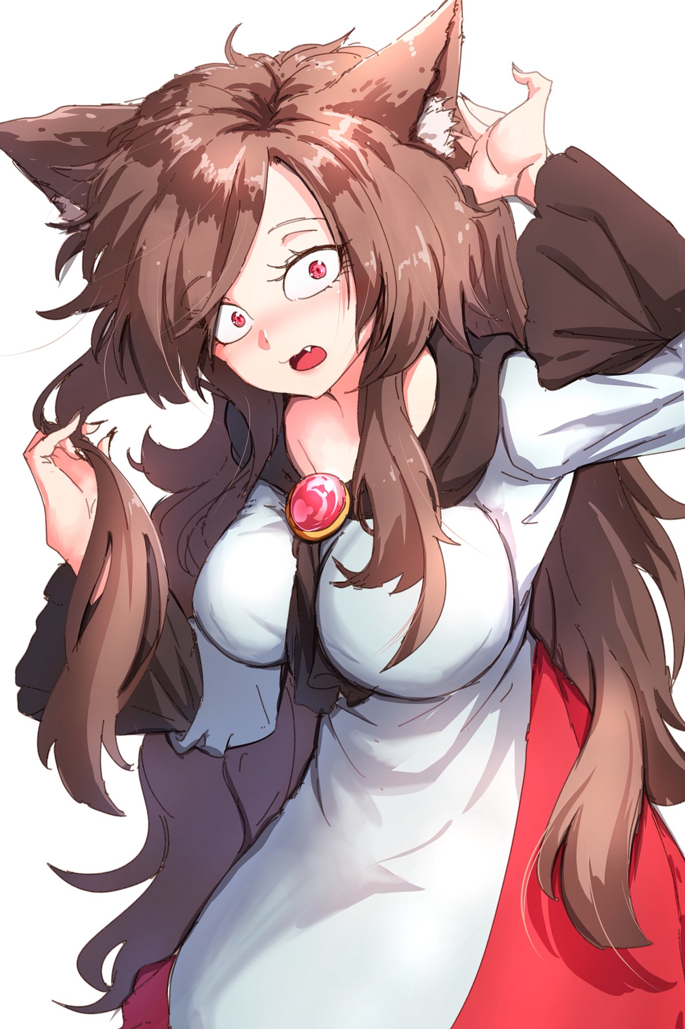 1girl animal_ears arm_up blush breasts brooch brown_hair darjeeling_(reley) dress fang highres imaizumi_kagerou jewelry large_breasts long_hair open_mouth red_eyes shiny shiny_hair sketch solo touhou very_long_hair wide-eyed wolf_ears
