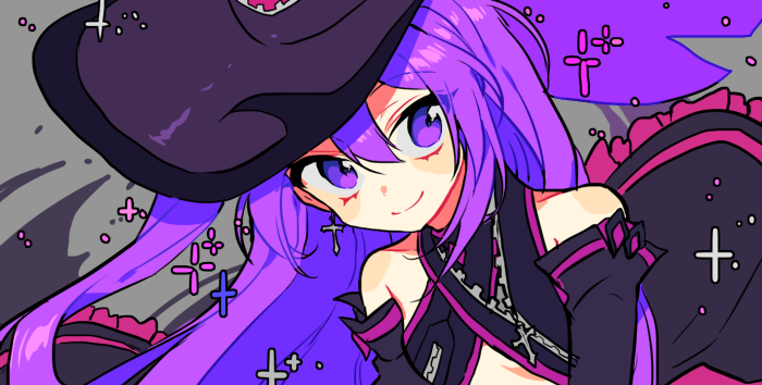 1girl aisha_(elsword) artist_request colored detached_sleeves earrings elsword eyebrows_visible_through_hair hat jewelry long_hair necklace oz_sorcerer_(elsword) purple_hair smile violet_eyes witch_hat zipper