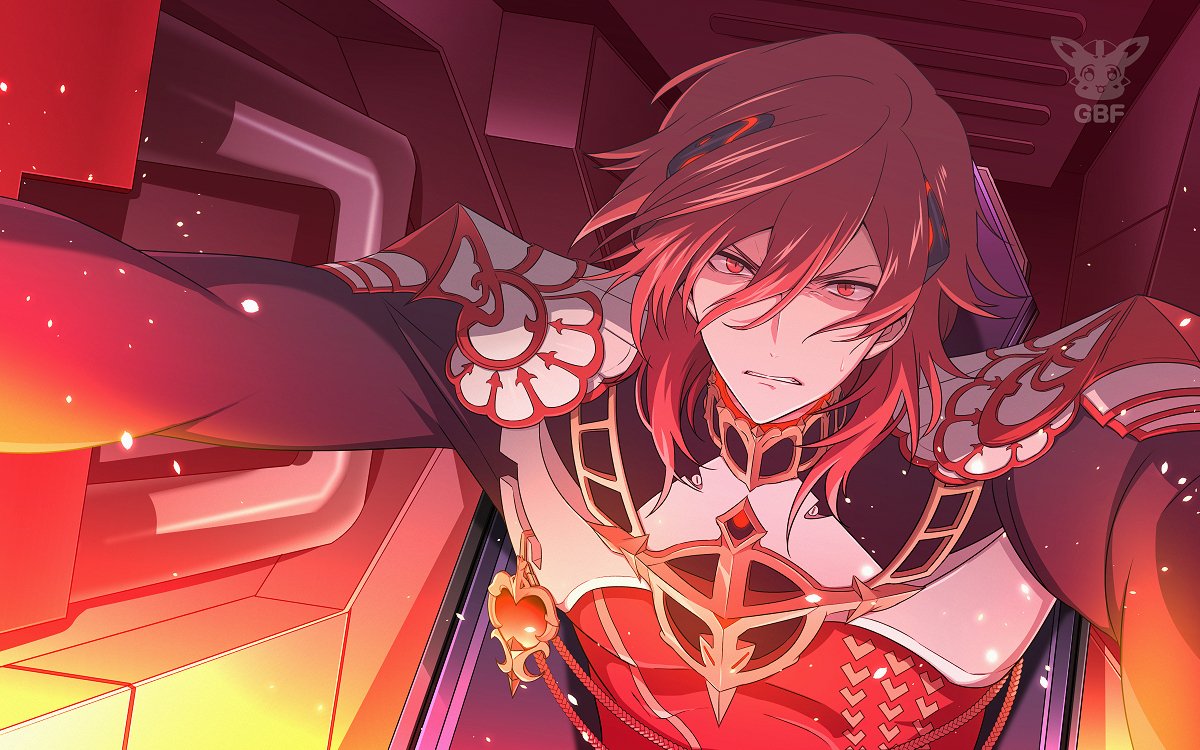 1boy anime_coloring black_sleeves clenched_teeth cockpit code_geass fake_screenshot granblue_fantasy hair_down logo male_focus neon_trim parody percival_(granblue_fantasy) pilot_suit red_eyes redhead solo sweat teeth upper_body