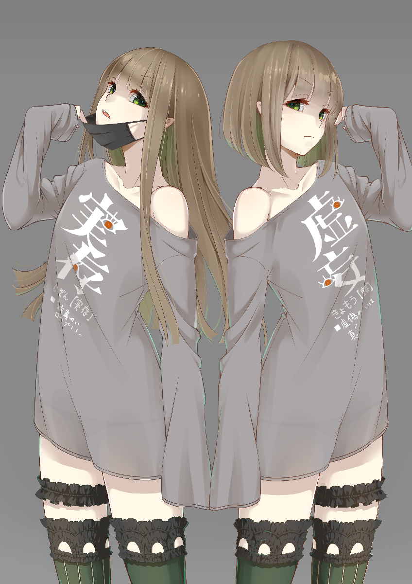 2girls bangs brown_hair clothes_writing collarbone eyebrows_visible_through_hair graphite_(medium) green_eyes green_legwear gretel_(sinoalice) grey_background grey_shirt highres leg_garter long_hair looking_at_viewer multiple_girls oversized_clothes oversized_shirt sakura_(superbunnys) shirt short_hair single_bare_shoulder sinoalice thigh-highs traditional_media zettai_ryouiki