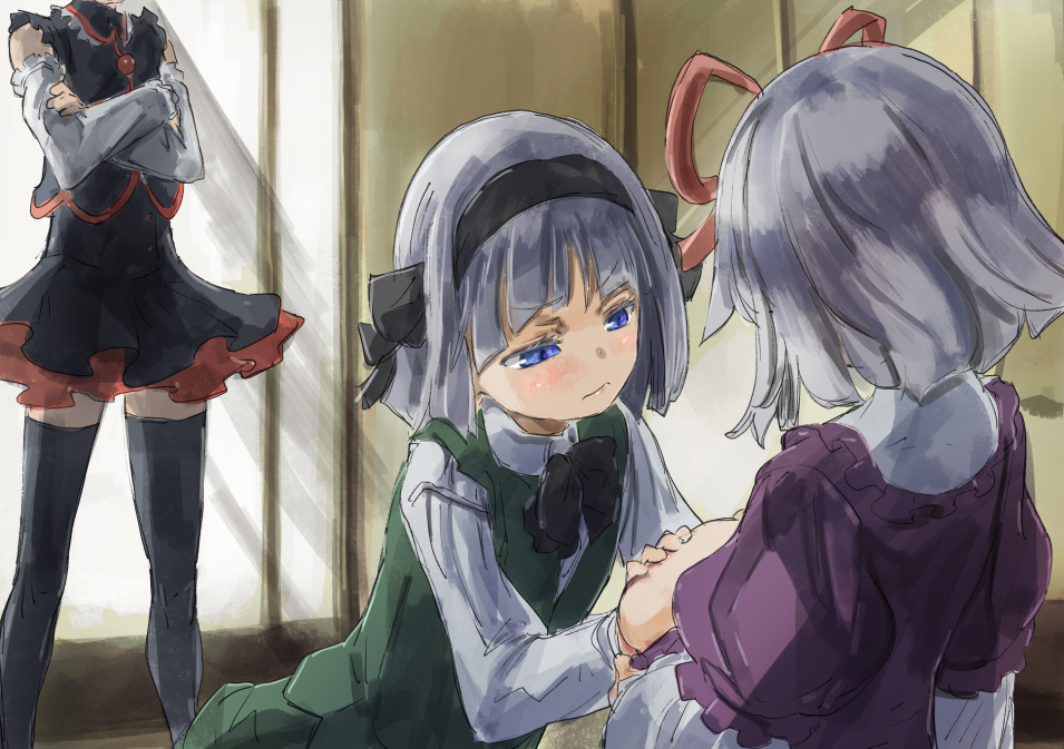 3girls black_legwear blue_eyes blush breast_envy breast_grab breasts breasts_outside cosplay crossed_arms detached_sleeves dual_persona female_pervert flat_chest grabbing grey_hair hairband head_out_of_frame konpaku_youmu konpaku_youmu_(ghost) large_breasts lunasa_prismriver multiple_girls pervert short_hair skirt standing touhou yakumo_yukari yakumo_yukari_(cosplay) yohane