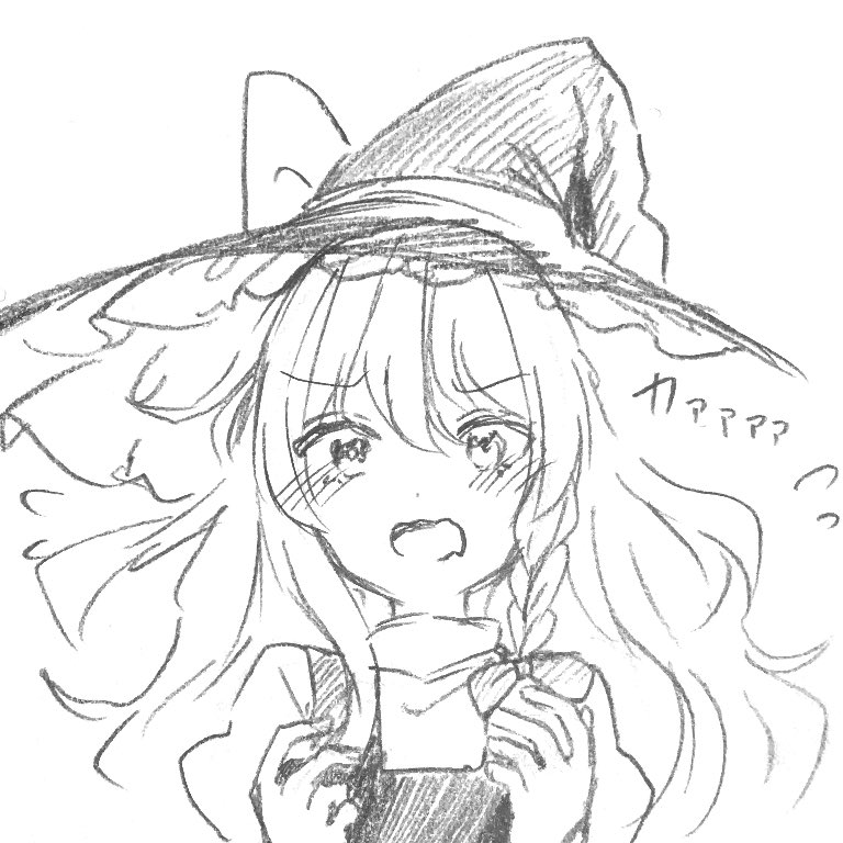 1girl blush commentary d: embarrassed flying_sweatdrops graphite_(medium) hat kirisame_marisa looking_at_viewer monochrome open_mouth sketch solo tears touhou traditional_media turtleneck wavy_hair wavy_mouth witch_hat yururi_nano