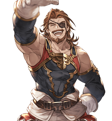 1boy ^_^ beard brown_hair closed_eyes eugen_(granblue_fantasy) eyepatch facial_hair gloves granblue_fantasy hand_on_hip male_focus minaba_hideo official_art open_mouth petting pov shirt sleeveless sleeveless_shirt solo transparent_background upper_body white_day white_gloves