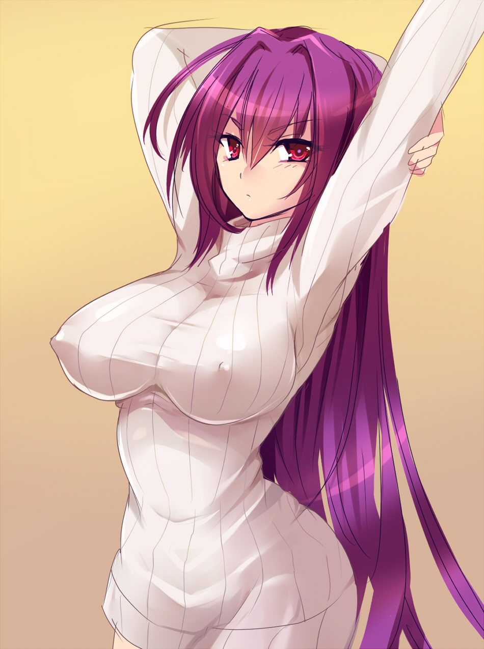 1girl breasts dress erect_nipples fate/grand_order fate_(series) highres ji_(yugria) large_breasts long_hair long_sleeves looking_at_viewer purple_hair red_eyes ribbed_sweater scathach_(fate/grand_order) solo sweater sweater_dress turtleneck turtleneck_sweater
