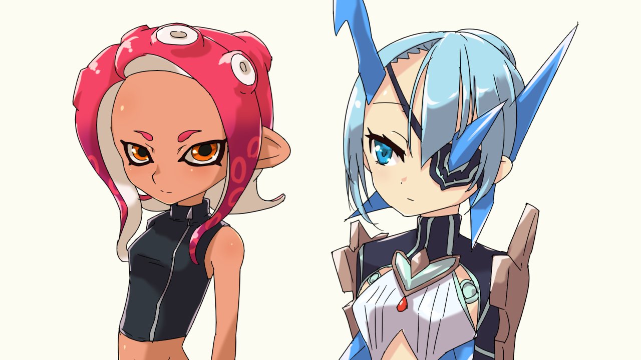 1girl 2girls agent_8 armor asymmetrical_clothes black_shirt blue_eyes blue_hair eyepatch long_hair looking_at_viewer midriff multiple_girls nke_toumi octarian pauldrons pink_hair pointy_ears seori_(xenoblade) shirt short_hair simple_background splatoon splatoon_2 splatoon_2:_octo_expansion takozonesu tentacle_hair white_background xenoblade xenoblade_2