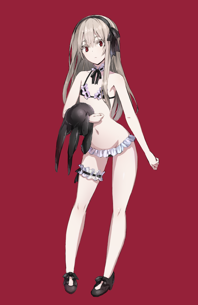 1girl bangs bikini black_footwear black_ribbon blonde_hair contrapposto detached_collar eyebrows_visible_through_hair flat_chest frilled_bikini frills frown full_body groin hair_ribbon holding holding_stuffed_animal leg_garter long_hair looking_at_viewer maid_bikini navel neck_ribbon original ramuya_(lamb) red_background red_eyes ribbon shoes simple_background solo standing stuffed_animal stuffed_bunny stuffed_toy swimsuit