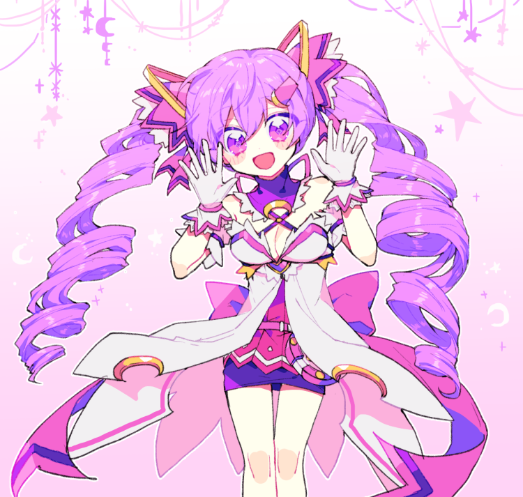 1girl aisha_(elsword) blush breasts cleavage colored dimension_witch_(elsword) dress drill_hair elsword eo_(dj0513) eyebrows_visible_through_hair gloves gradient gradient_background hair_ornament hairclip moon purple_hair short_dress smile twintails violet_eyes white_gloves
