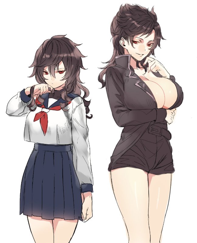 2girls belial_(granblue_fantasy) black_hair black_shirt breasts brown_hair doushite genderswap genderswap_(mtf) granblue_fantasy large_breasts multiple_girls red_eyes sandalphon_(granblue_fantasy) school_uniform serafuku shirt smile