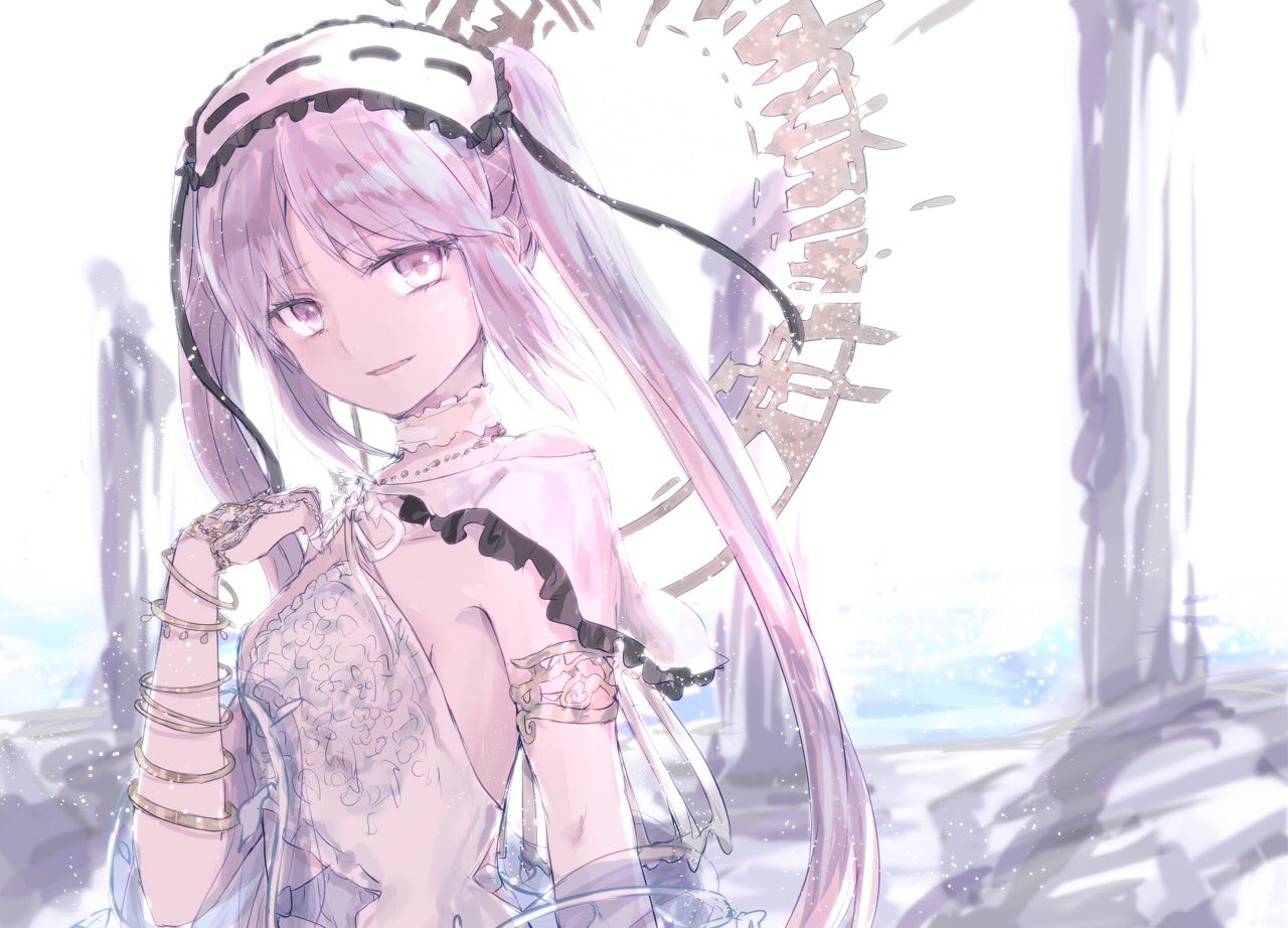 1girl black_ribbon bracelet breasts choker dress fate/grand_order fate/hollow_ataraxia fate_(series) hairband halo jewelry lolita_hairband looking_at_viewer necklace open_mouth purple_hair ribbon small_breasts smile sodamachi solo stheno twintails upper_body violet_eyes white_dress white_ribbon