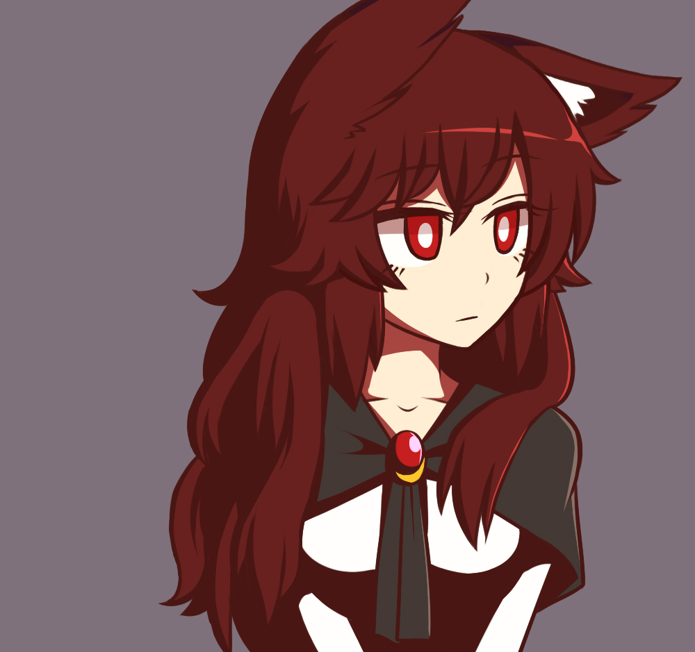 1girl animal_ears brooch brown_hair expressionless grey_background imaizumi_kagerou jewelry long_hair looking_away red_eyes simple_background solo touhou upper_body wolf_ears wool_(miwol)