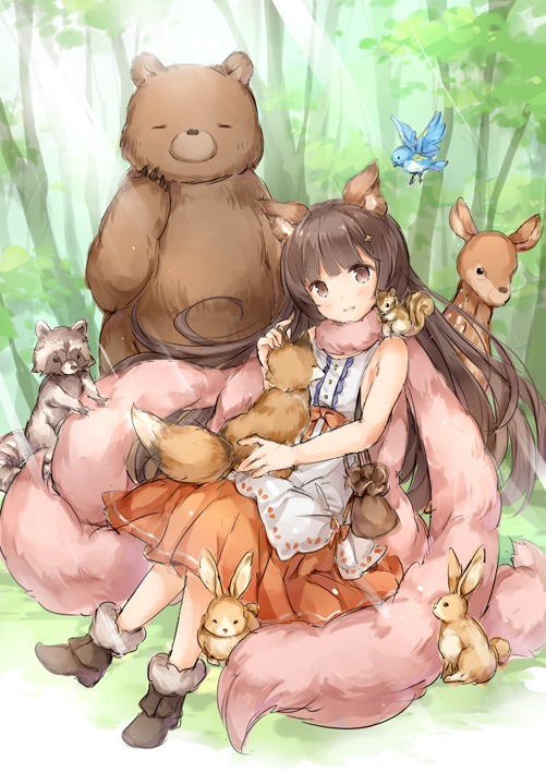 1girl :d animal_ears aster_(granblue_fantasy) bangs bare_arms bare_shoulders bear bird bluebird blush brown_eyes brown_footwear brown_hair day door erune forest fox fur-trimmed_boots fur_trim granblue_fantasy head_tilt long_hair looking_at_viewer nature on_shoulder open_mouth orange_skirt outdoors pouch rabbit raccoon shirt sitting skirt sleeveless sleeveless_shirt smile solo squirrel sunlight very_long_hair wataame27 white_shirt