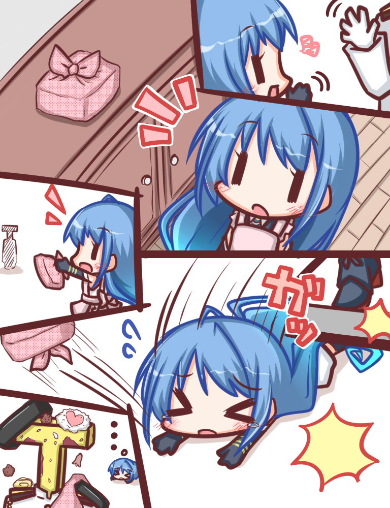 &gt;_&lt; ... 1boy 1girl :d :o apron bangs bare_shoulders black_gloves blue_hair blush comic commentary_request elbow eyebrows_visible_through_hair flying_sweatdrops food food_on_head gloves hair_between_eyes heart holding jacket kantai_collection komakoma_(magicaltale) long_hair lying military_jacket obentou object_on_head on_stomach open_mouth outstretched_arm pink_apron running samidare_(kantai_collection) shirt silent_comic sleeveless sleeveless_shirt smile standing t-head_admiral tears tripping very_long_hair white_gloves white_jacket white_shirt wooden_floor ||_||