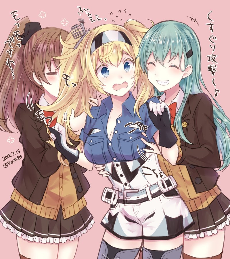3girls aqua_hair blonde_hair blue_eyes blue_shirt breast_pocket breasts brown_hair brown_legwear brown_skirt cardigan cleavage closed_eyes commentary_request cowboy_shot dated flying_sweatdrops gambier_bay_(kantai_collection) gloves grin groping hair_between_eyes hair_ornament hairclip high_ponytail kabocha_torute kantai_collection kumano_(kantai_collection) large_breasts long_hair multicolored multicolored_clothes multicolored_gloves multiple_girls open_clothes open_mouth pink_background pleated_skirt pocket ponytail remodel_(kantai_collection) shirt short_sleeves simple_background skirt smelling_hair smile suzuya_(kantai_collection) thigh-highs twintails twitter_username w_arms