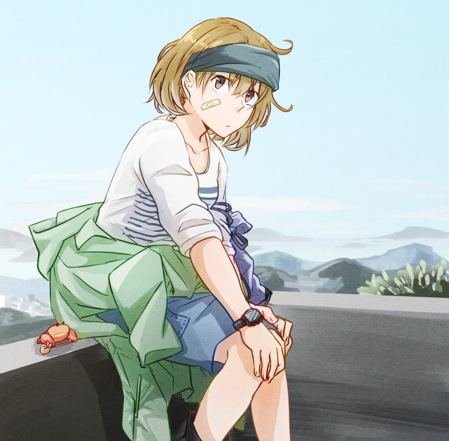 1girl bandaid bandaid_on_face blue_hairband brown_eyes brown_hair clothes_around_waist crab feet_out_of_frame hairband jacket_around_waist kantai_collection looking_at_viewer oboro_(kantai_collection) scenery shakeda_mamoshirou shirt short_hair shorts sitting solo striped striped_shirt watch watch white_shirt