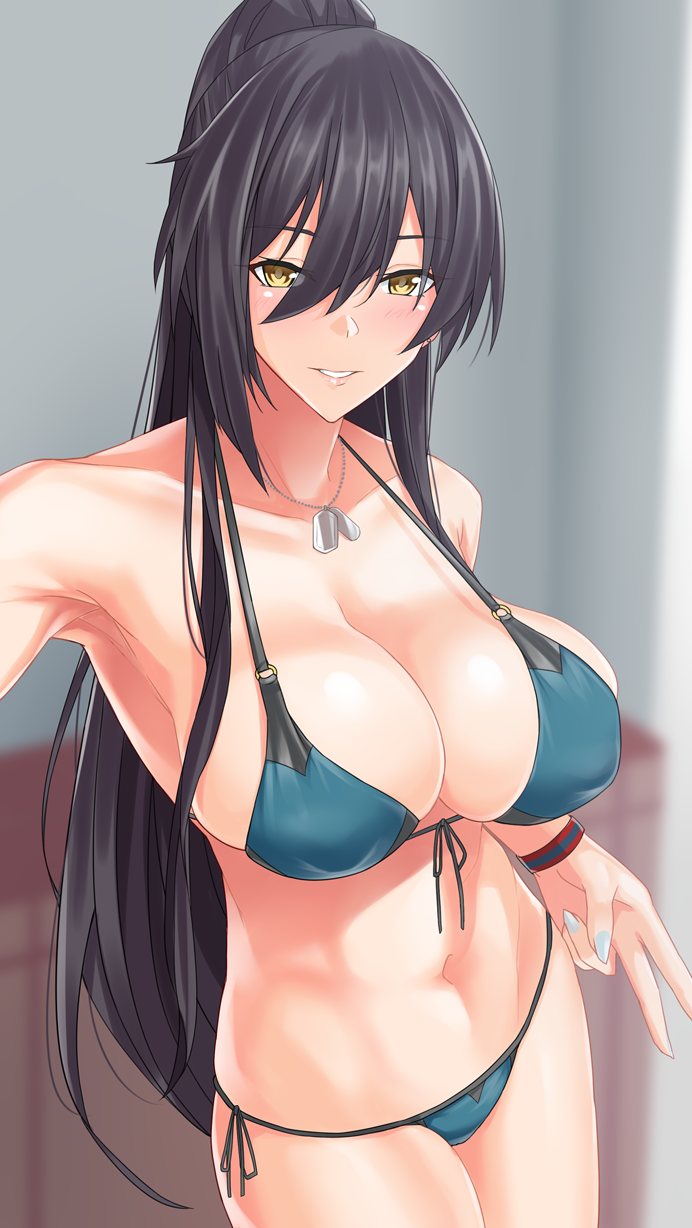 1girl bikini black_hair blush breasts cleavage collarbone dog_tags eyebrows_visible_through_hair fingernails gachou green_bikini highres idolmaster idolmaster_shiny_colors jewelry large_breasts long_hair looking_at_viewer nail_polish navel necklace ponytail shirase_sakuya solo stomach string_bikini swimsuit yellow_eyes