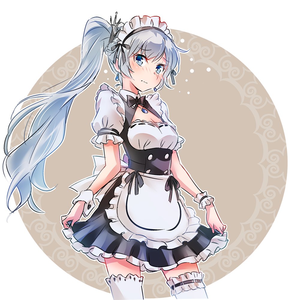 1girl apron blue_eyes frills iesupa long_hair maid maid_apron maid_headdress ponytail rwby scar side_ponytail skirt thigh-highs weiss_schnee white_hair