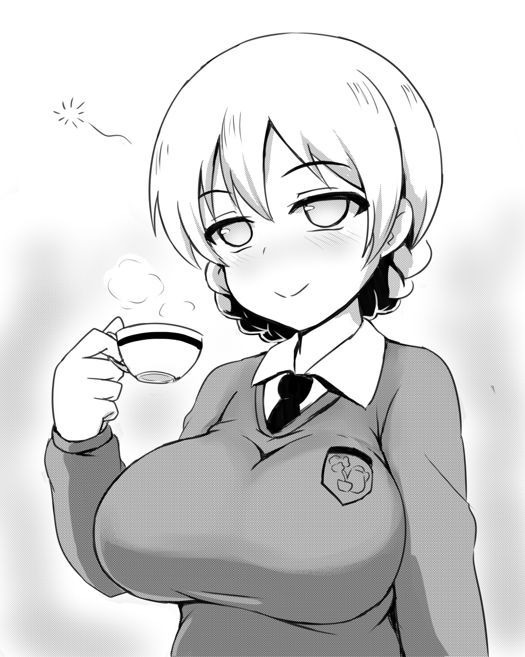 1girl bangs braid breasts closed_mouth cup darjeeling dress_shirt emblem eyebrows_visible_through_hair girls_und_panzer greyscale half-closed_eyes highres holding large_breasts long_sleeves looking_at_viewer monochrome necktie school_uniform shanaharuhi shirt short_hair sleepy smile solo st._gloriana's_(emblem) st._gloriana's_school_uniform standing steam sweater teacup tied_hair twin_braids upper_body v-neck wing_collar