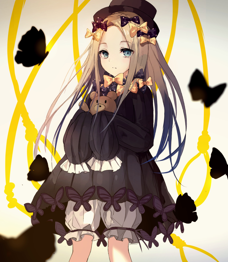 1girl abigail_williams_(fate/grand_order) bangs beckzawachi black_bow black_dress black_hat blonde_hair bloomers blue_eyes bow butterfly closed_mouth commentary_request dress eyebrows_visible_through_hair fate/grand_order fate_(series) forehead hair_bow hat long_hair long_sleeves looking_at_viewer noose object_hug orange_bow parted_bangs polka_dot polka_dot_bow sleeves_past_fingers sleeves_past_wrists solo stuffed_animal stuffed_toy teddy_bear underwear very_long_hair white_bloomers