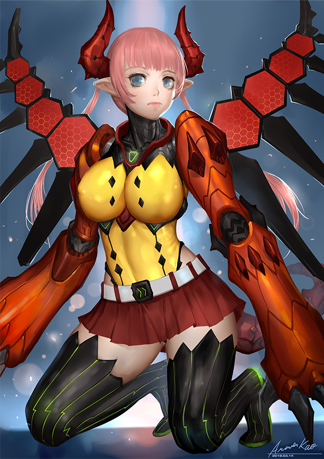 1girl ariverkao blue_eyes boots breasts horns kneeling large_breasts leotard long_hair looking_at_viewer mechanical_tail mechanical_wings original pink_hair pointy_ears signature solo thigh-highs thigh_boots twintails wings