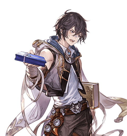 1boy ayer bandage bandage_on_face belt black_hair granblue_fantasy grey_pants hood incoming_gift looking_away male_focus minaba_hideo official_art open_mouth pants shirt sleeveless solo sweatdrop transparent_background upper_body vest white_day white_shirt