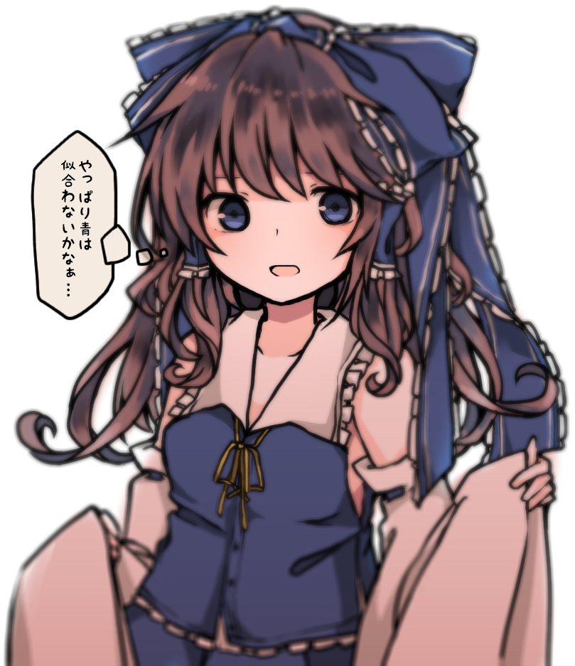 1girl bangs bent_elbows blue_bow blue_eyes blue_ribbon bow breasts commentary_request eyebrows_visible_through_hair hair_between_eyes hair_bow hair_ribbon hakurei_reimu holding long_hair looking_at_viewer redhead ribbon sato_imo small_breasts solo touhou translation_request white_background