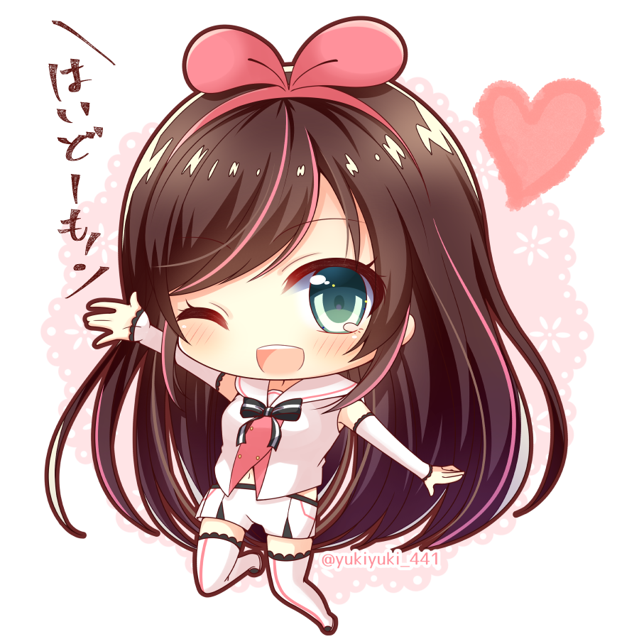 1girl ;d a.i._channel bangs bare_shoulders blush boots brown_hair chibi commentary_request detached_sleeves eyebrows_visible_through_hair full_body green_eyes hair_ribbon hairband heart kizuna_ai long_hair long_sleeves looking_at_viewer multicolored_hair navel one_eye_closed open_mouth outstretched_arms pink_hair pink_hairband pink_ribbon ribbon shirt short_shorts shorts sleeveless sleeveless_shirt sleeves_past_wrists smile solo streaked_hair thigh-highs thigh_boots translation_request twitter_username upper_teeth very_long_hair virtual_youtuber white_background white_footwear white_legwear white_shirt white_shorts yukiyuki_441