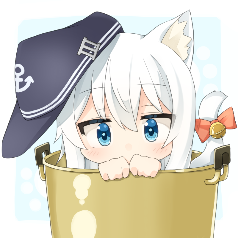 1girl anchor_symbol animal_ears bell black_hat blue_eyes blush bow cat_ears cat_girl cat_tail check_commentary commentary_request covered_mouth flat_cap hat hibiki_(kantai_collection) in_container in_pot jingle_bell kantai_collection kemonomimi_mode long_hair looking_at_viewer minigirl rateratte red_bow silver_hair solo tail tail_bell tail_bow