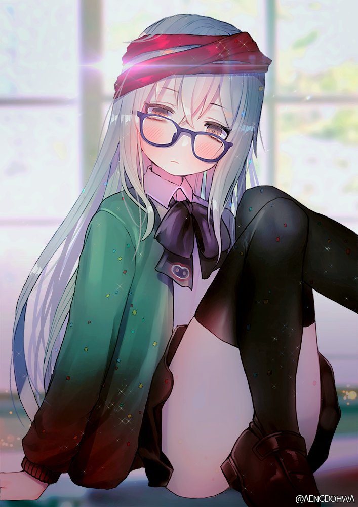 1girl alternate_costume bangs black_legwear blue-framed_eyewear blush brown_eyes brown_footwear closed_mouth collared_shirt confetti crossed_bangs eyebrows_visible_through_hair g11_(girls_frontline) girls_frontline glasses green_sweater hair_between_eyes hanato_(seonoaiko) lens_flare loafers long_hair looking_at_viewer neck_ribbon open_clothes ribbon scarf scarf_on_head school_uniform shirt shoes sidelocks silver_hair sitting skirt solo sparkle thigh-highs thighs twitter_username very_long_hair white_shirt window