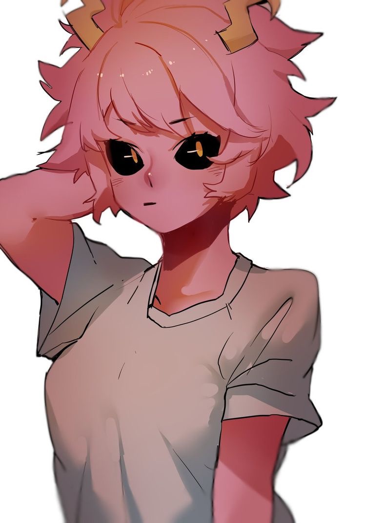 1girl arm_up artist_request ashido_mina black_eyes boku_no_hero_academia casual closed_mouth eyebrows_visible_through_hair horns looking_to_the_side pink_hair pink_skin short_hair simple_background solo source_request upper_body white_background