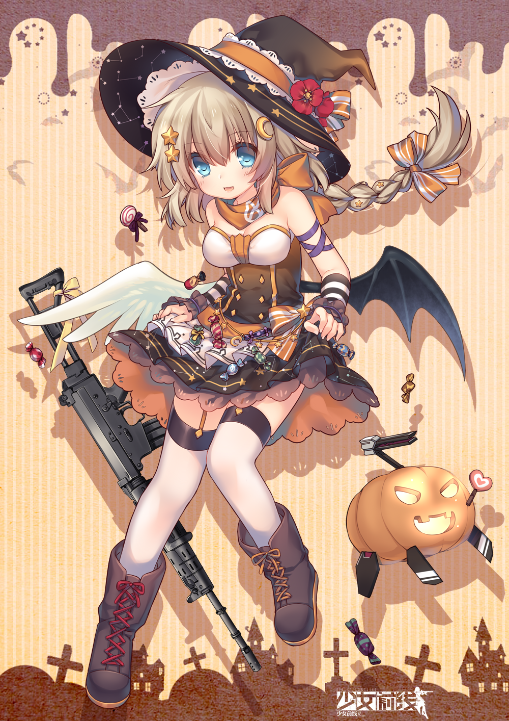 1girl apron assault_rifle bare_shoulders black_hat black_shirt black_skirt black_wings boots bow braid breasts brown_bow brown_footwear candy candy_wrapper commentary_request crescent crescent_hair_ornament feathered_wings flower fn_fnc fn_fnc_(girls_frontline) food girls_frontline gun hair_ornament halloween hat hat_flower highres jack-o'-lantern jiang-ge light_brown_hair lollipop long_hair low_ponytail medium_breasts mismatched_footwear mismatched_wings official_art pleated_skirt ponytail red_flower rifle shirt skirt skirt_basket solo star star_hair_ornament strapless striped swirl_lollipop thigh-highs vertical-striped_background vertical_stripes very_long_hair weapon white_apron white_legwear white_wings wings witch_hat wrist_cuffs
