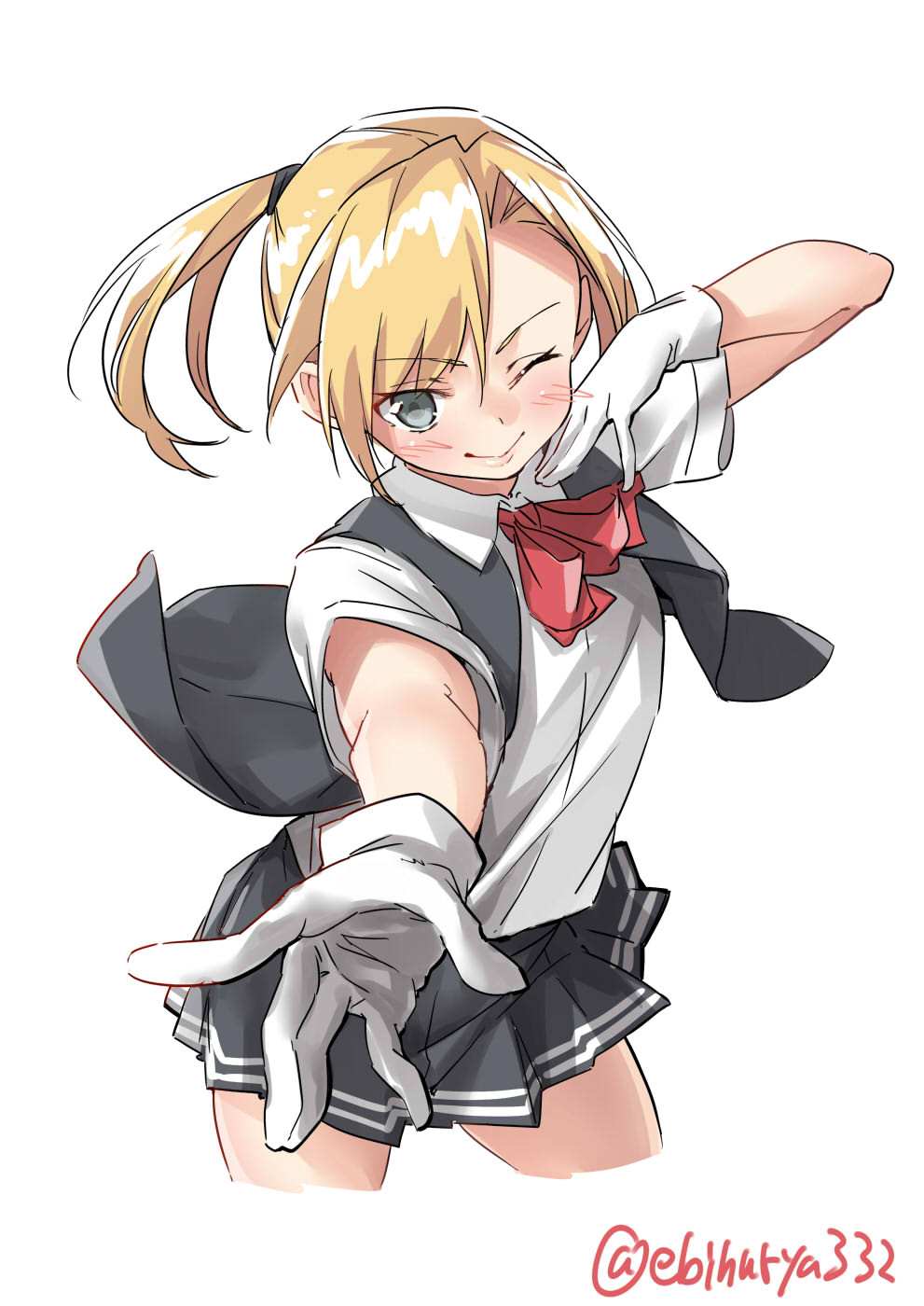 1girl bangs blonde_hair blouse cowboy_shot ebifurya gloves grey_eyes grey_skirt highres kantai_collection looking_at_viewer maikaze_(kantai_collection) neck_ribbon one_eye_closed parted_bangs pleated_skirt ponytail red_ribbon ribbon school_uniform short_hair short_ponytail simple_background skirt solo twitter_username vest white_background white_blouse white_gloves