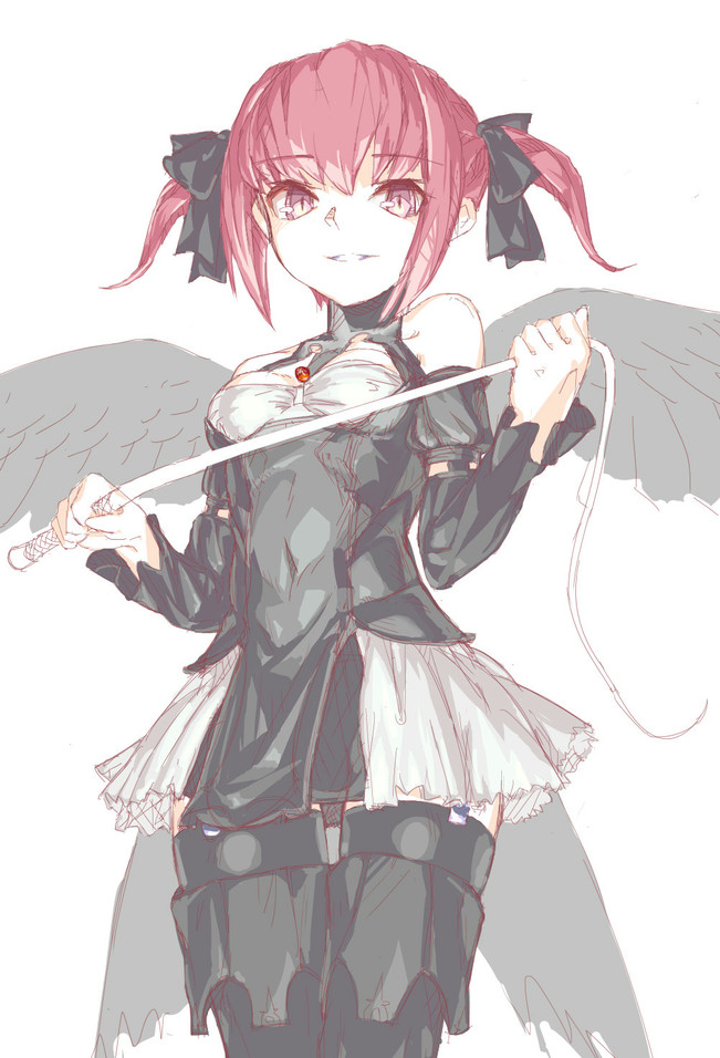 1girl 4442723 angel angel_wings bangs bare_shoulders black_angel_(elona) black_ribbon breasts breasts_apart covered_navel cowboy_shot detached_sleeves dress elona eyebrows eyebrows_visible_through_hair feathered_wings feathers garter_straps grey_wings grin hair_between_eyes hair_ribbon holding holding_whip legs_apart long_sleeves looking_at_viewer pink_eyes pink_hair ribbon short_dress short_hair short_twintails sidelocks simple_background small_breasts smile solo standing thigh-highs turtleneck twintails whip white_background wings zettai_ryouiki