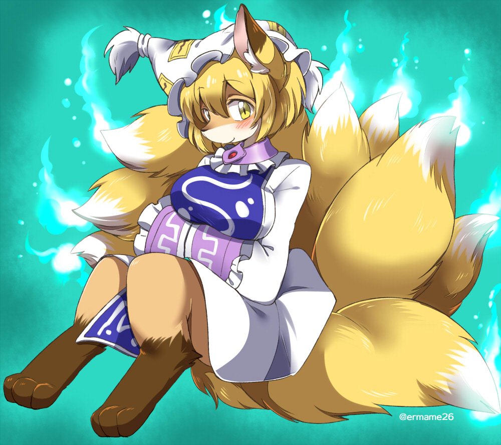 1girl animal_ears bangs bare_legs barefoot blonde_hair blue_fire blush breast_hold breasts closed_mouth dress eromame eyebrows eyebrows_visible_through_hair fire fox fox_ears fox_girl fox_tail frills fur furrification furry hair_between_eyes hands_together hat hitodama large_breasts long_sleeves mob_cap multiple_tails ofuda ofuda_on_clothes paws short_hair smile solo tabard tail touhou twitter_username white_dress white_hat yakumo_ran yellow_eyes