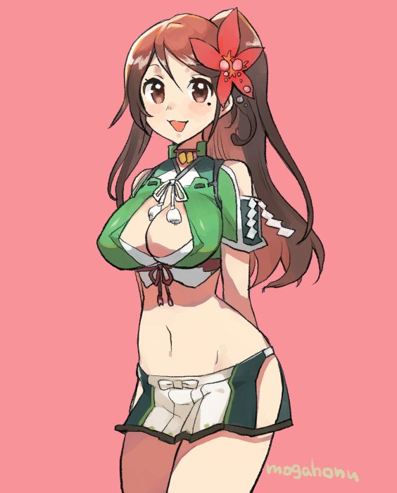 1girl amagi_(kantai_collection) arms_behind_back artist_name breasts brown_eyes brown_hair cleavage cleavage_cutout flower hair_flower hair_ornament high_ponytail kantai_collection large_breasts leaf leaf_hair_ornament long_hair looking_at_viewer maple_leaf midriff miniskirt mogamiya_honu mole mole_under_eye open_mouth pink_background ponytail simple_background skirt smile solo white_skirt wide_ponytail