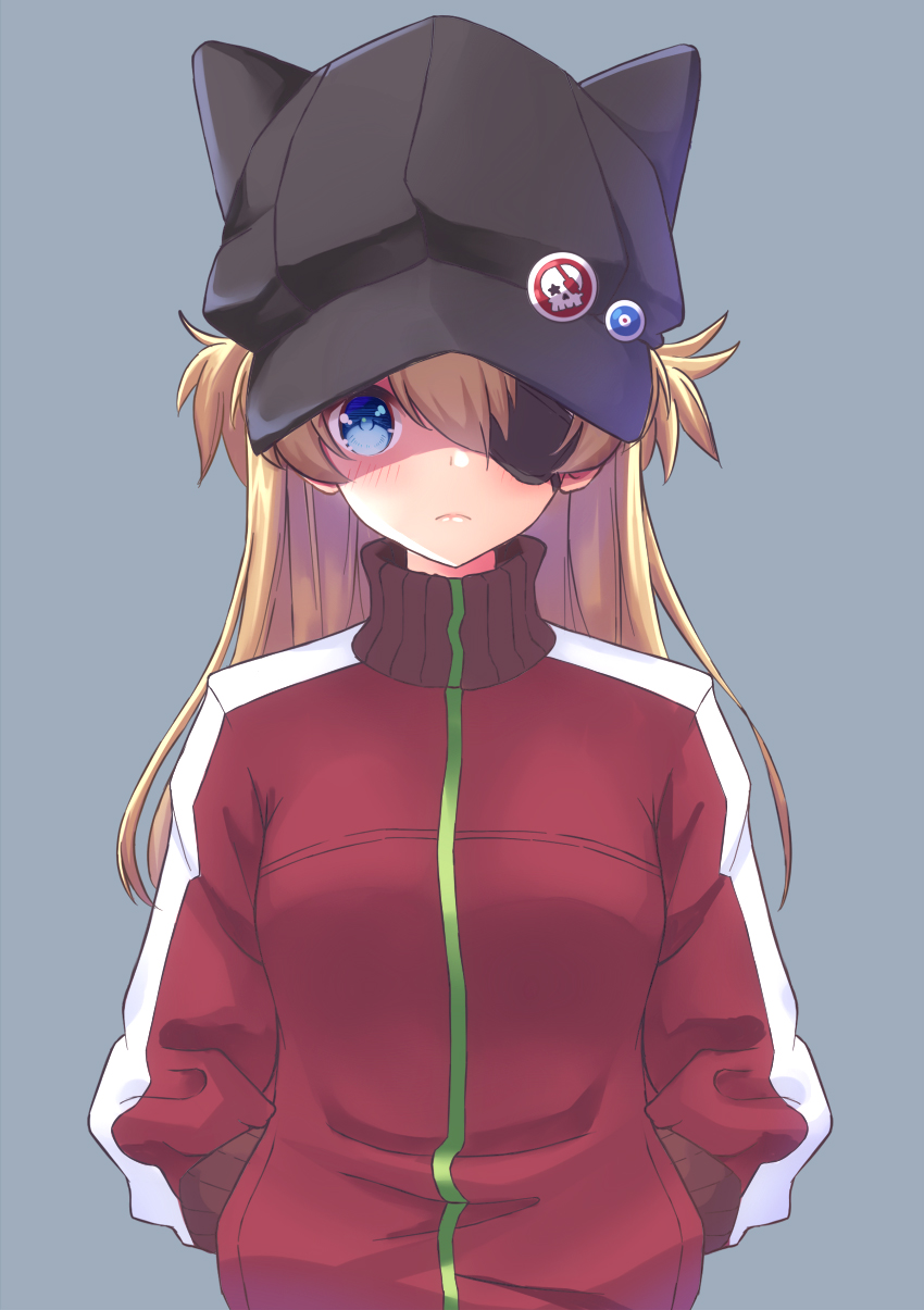 1girl animal_hat badge blackheartxiii blue_eyes blush brown_hair button_badge cat_hat expressionless eyepatch grey_background hair_between_eyes hands_in_pocket hat highres jacket lips long_sleeves looking_at_viewer neon_genesis_evangelion one_eye_covered red_jacket simple_background solo souryuu_asuka_langley straight_hair track_jacket turtleneck two_side_up upper_body