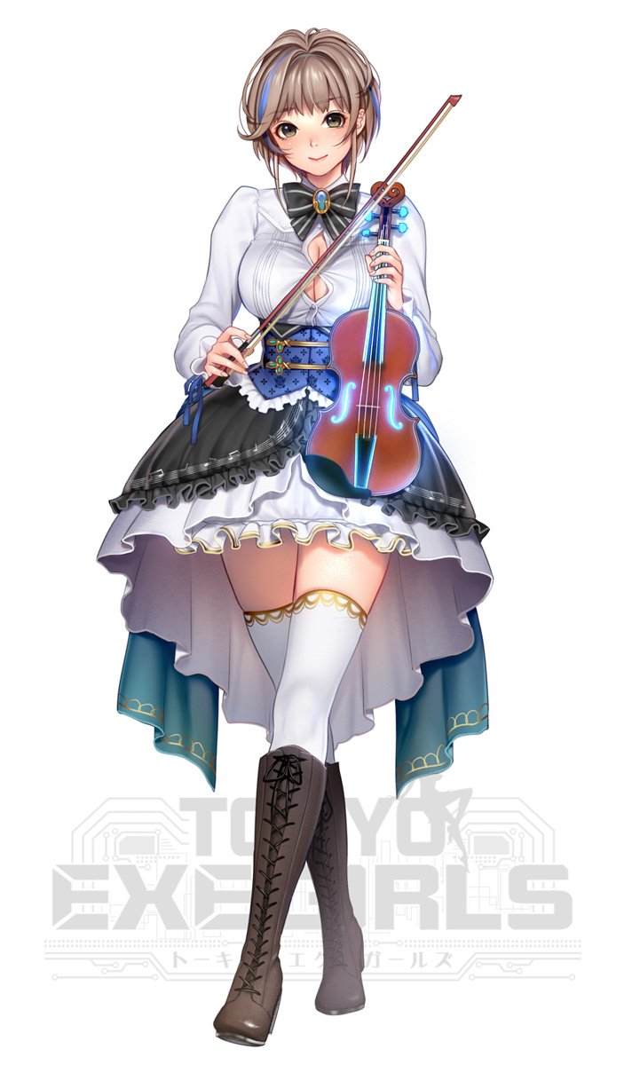 1girl bangs blue_hair boots bow bowtie breasts brown_eyes brown_footwear brown_hair bursting_breasts buttons cleavage commentary corset cross-laced_footwear dress eyebrows_visible_through_hair fingernails frills full_body highres holding instrument knee_boots lace-up_boots large_breasts lips logo long_sleeves looking_at_viewer masami_chie multicolored_hair neon_trim official_art shirt short_dress short_hair simple_background smile solo standing thigh-highs tokyo_exe_girls violin violin_bow white_background white_legwear white_shirt zettai_ryouiki