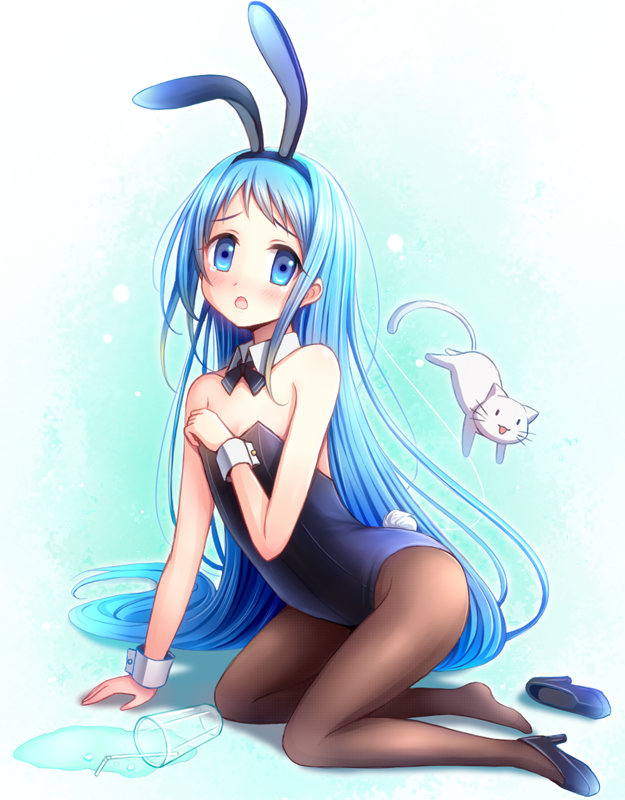 1girl animal_ears arm_support batsubyou black_footwear black_leotard blue_background blue_eyes blue_hair bow bowtie brown_legwear bunny_girl bunny_tail bunnysuit cat detached_collar flat_chest full_body glass kantai_collection kneeling leotard long_hair looking_at_viewer pantyhose rabbit_ears rizuriri samidare_(kantai_collection) shoes single_shoe spill strapless strapless_leotard tail wrist_cuffs