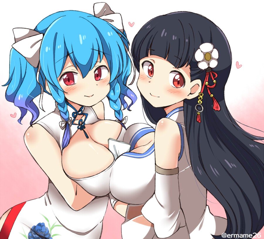 2girls azur_lane bangs bare_shoulders black_hair blue_flower blue_hair blue_rose blush braid breast_hold breast_press breasts china_dress chinese_clothes cleavage cleavage_cutout closed_mouth collarbone detached_sleeves dress eromame eyebrows eyebrows_visible_through_hair facing_another floral_print flower gloves gradient gradient_background gradient_hair hair_between_eyes hair_flower hair_ornament hair_ribbon heart large_breasts long_hair long_sleeves multicolored multicolored_background multicolored_hair multiple_girls pink_background purple_hair red_eyes ribbon rose rose_print sleeveless sleeveless_dress smile st._louis_(azur_lane) straight_hair symmetrical_docking turtleneck twin_braids twintails twitter_username two-tone_background two-tone_hair white_background white_dress white_flower white_gloves white_ribbon wide_sleeves yat_sen_(azur_lane) yuri