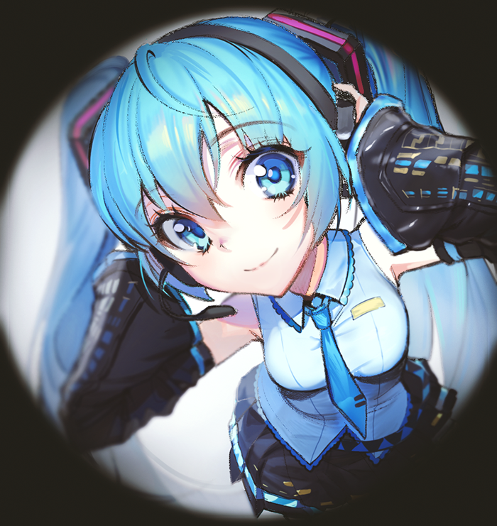 1girl blue_eyes blue_hair detached_sleeves eyebrows_visible_through_hair hair_between_eyes hands_on_headphones hatsune_miku headset honnou_(kjs9504) light_smile long_hair looking_at_viewer necktie solo twintails vocaloid